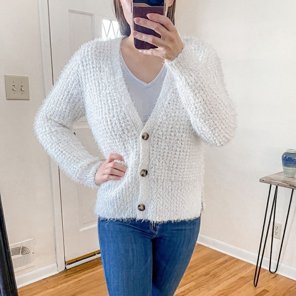 Catherine Malandrino Eyelash Cardigan Button Up White L